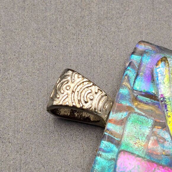 Artisian Dichroic Glass Pendant 1.5" Iridescent Geometric Design Silver-Tone Bai - Picture 3 of 7